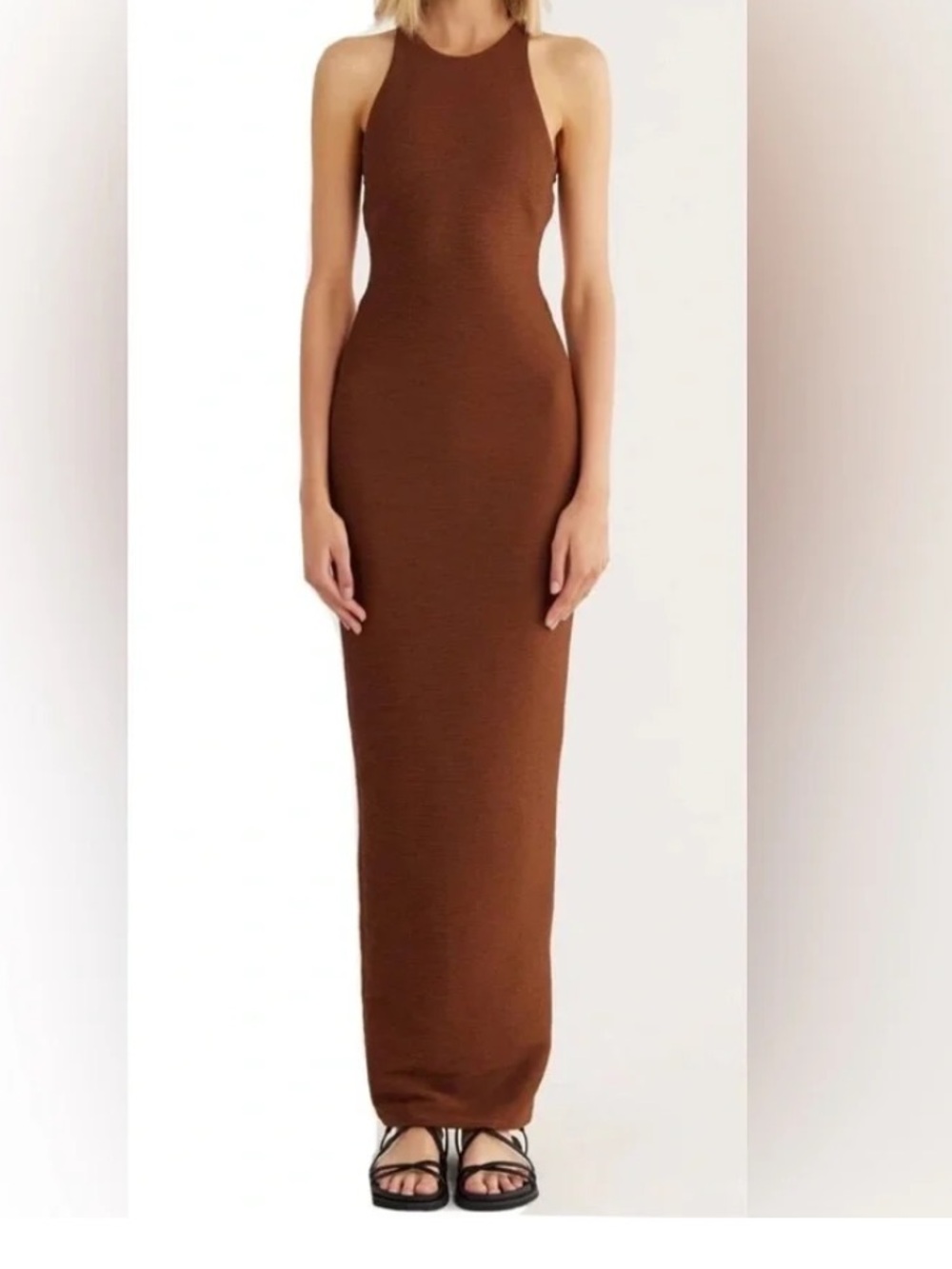 Rumer Halter backless brown maxi dress